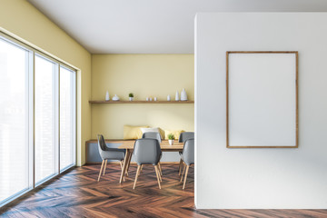 Yellow panoramic dining room interior with poster