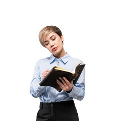 Serious Asian businesswoman writing, isolated