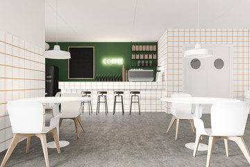 White and green stylish coffee house interior