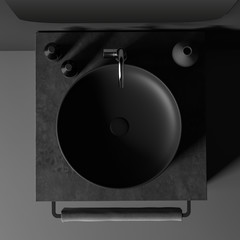 Comfortable round sink in gray bathroom, top view