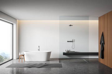Fototapeta na wymiar White and wooden bathroom with tub and shower