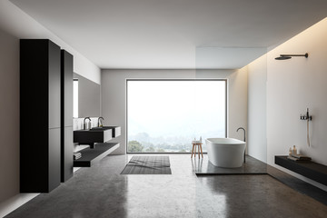 Panoramic white bathroom interior with cabinets