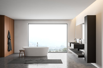 Fototapeta na wymiar White and wooden panoramic bathroom interior