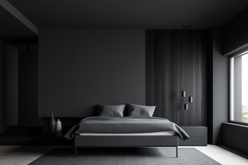 Gray and wooden master bedroom interior