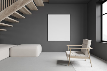 Gray spa room interior with benches