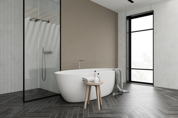 Obraz na płótnie Canvas White and beige bathroom corner, tub and shower