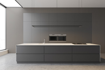 Minimalist gray kitchen interior with countertops
