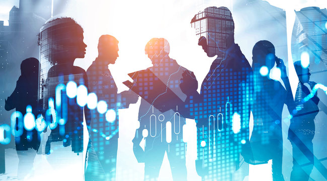 Diverse business team in city, financial graph - Powered by Adobe