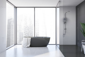Fototapeta na wymiar White tile and gray bathroom with tub and shower