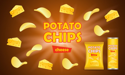 Chips potato concept background. Realistic illustration of chips potato vector concept background for web design