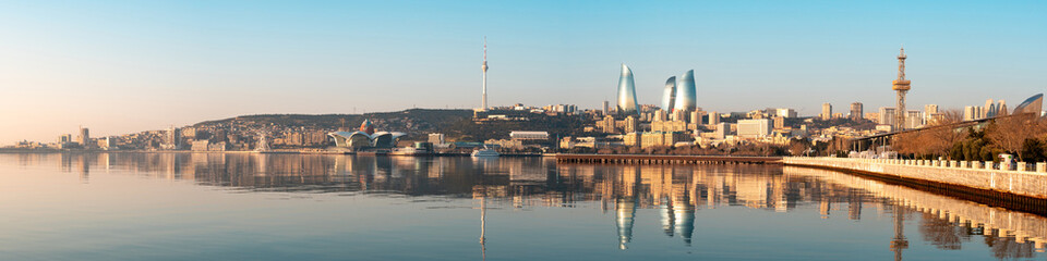 Panoramic cityscape view of Baku in the morning - obrazy, fototapety, plakaty