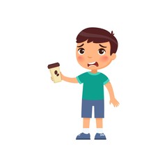 Little boy with takeaway coffee flat vector illustration. Cute kid with hot beverage cartoon character. Unhappy child holding paper cup with bitter energy drink isolated on white background