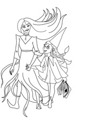 Fototapeta na wymiar Witch mom and daughter coloring page