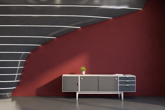 Futuristic Red Living Room With Dresser