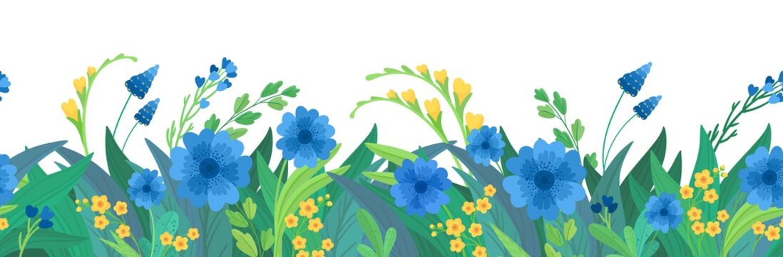 Floral  flat vector template horizontal background. Blue and yellow wildflowers blank border design. Cornflowers and daisy blossoms cartoon decor element