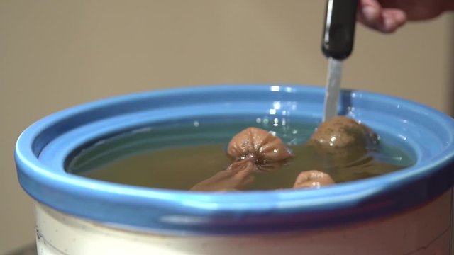 Stirring the coconut oil to aid with the extraction of CBD from the cannabis buds.