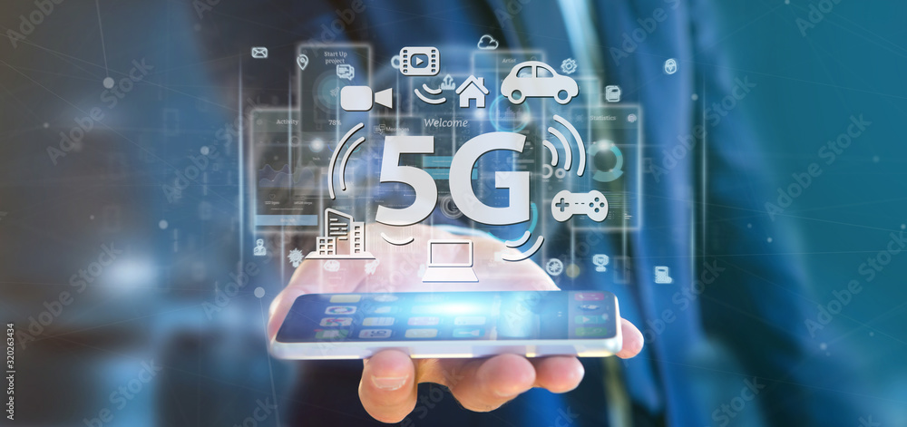 Poster businessman holding a 5g connection with data surrounding - 3d rendering