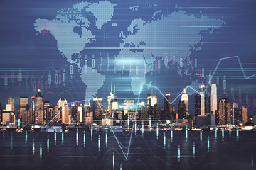 Financial graph on night city scape with tall buildings background double exposure. Analysis concept.