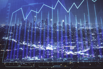 Financial graph on night city scape with tall buildings background multi exposure. Analysis concept.