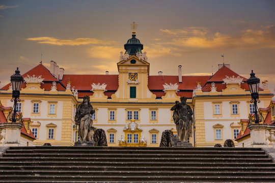 Beautiful castle in Valtice with wonderful sunset sky, South Moravia, popular travel destination in Czech Republic.