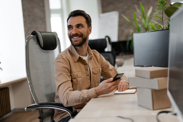 SME e-commerce delivery telemarketing seller man. Internet sales, e-business, e-commerce, targeting...