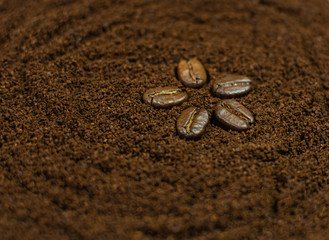 Coffee beans on a background of freshly ground coffee