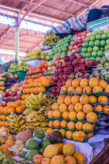 A colourful arrangement of fruits at a market stall at the market of Arequipa, Peru. 