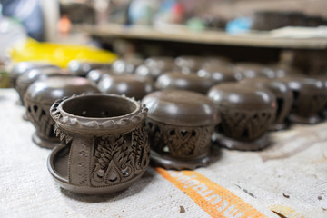 Close-up of clay pottery. Handcraft, and leisure.