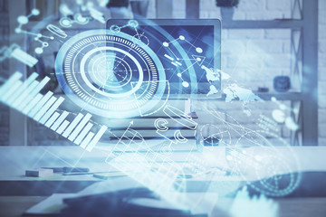 Multi exposure of business theme icons and work space with computer background. Concept of success.