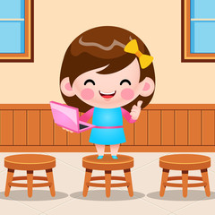 Vector Cartoon Cute Little Girl Holding Laptop Presentation In Clasroom