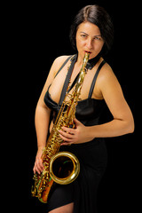 Woman playin' saxophone (isolated on black)