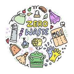 Colorful doodle style illustration with Zero Waste objects. Circle concept. Eco friendly isolated symbols