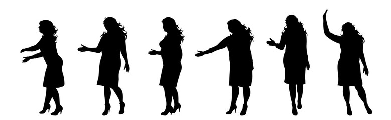 Vector silhouette of obese middle age women on white background. Symbol of lady in different pose.