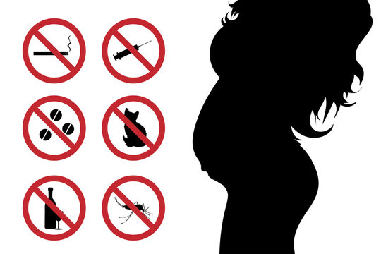 Vector silhouette of pregnant woman with no dependency sign on white background. Symbol of maternity and prevention healthy.
