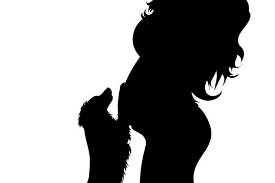 Vector silhouette of pregnant woman with her dog on white background. Symbol of maternity and love animal.