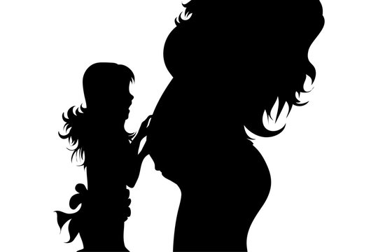 Vector silhouette of pregnant woman with her daughter on white background. Symbol of maternity and family.