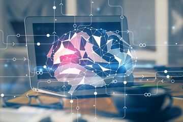 Double exposure of work table with computer and brain sketch hologram. Brainstorming concept.