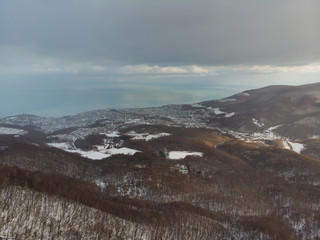 View of Otaru in winter with sea of japan in background