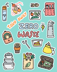 Zero waste doodle stickers, take away symbols