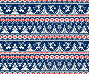 Winter Holiday Pixel Pattern with Deer and Christmas Trees. Traditional Nordic Seamless Striped Ornament. Scheme for Knitted Sweater Pattern Design or Cross Stitch Embroidery