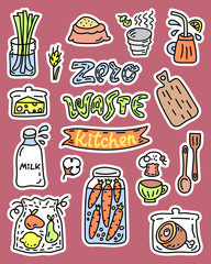 Zero waste stickers, doodle objects for kitchen