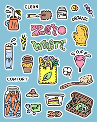 Zero waste set, hand drawn doodle stickers