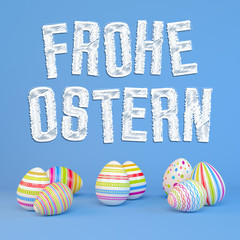 3d Illustation - Frohe Ostern - 8 farbenfrohe, bemalte Ostereier auf blauen Hintergrund - Text - Oster
