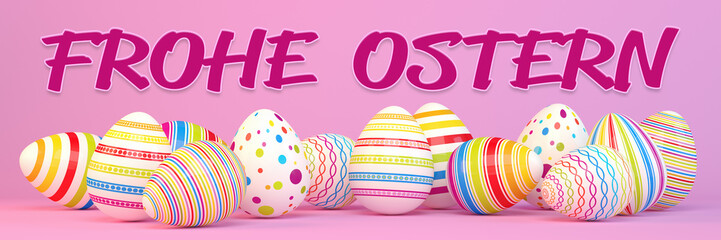 3d Illustation - Frohe Ostern - 13 farbenfrohe, bemalte Ostereier auf pinken Hintergrund - Text - Oster