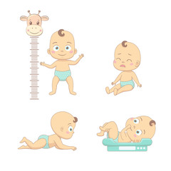 Adorable happy baby and his daily routine. Care about infant baby. Set of baby characters.