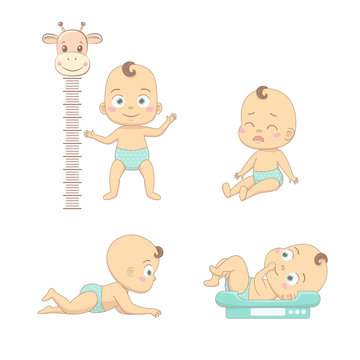 Adorable happy baby and his daily routine. Care about infant baby. Set of baby characters.