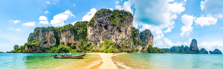 Wall murals Railay Beach, Krabi, Thailand Travel concept. Amazing view of beautiful beach with longtale boat. Artistic picture. Beauty world. Panorama. Creative collage.