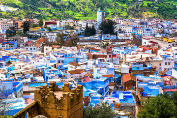 Top view of the streets in the blue city of Chefchaouen. Location: Chefchaouen, Morocco, Africa....