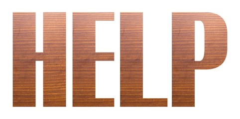 HELP word with brown wooden texture on white background.