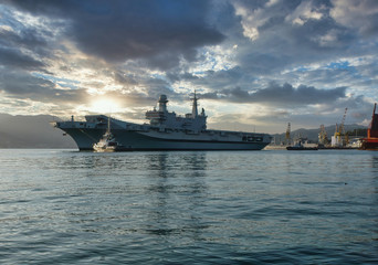 big italian aircraft carrier in the gulf of la spezia